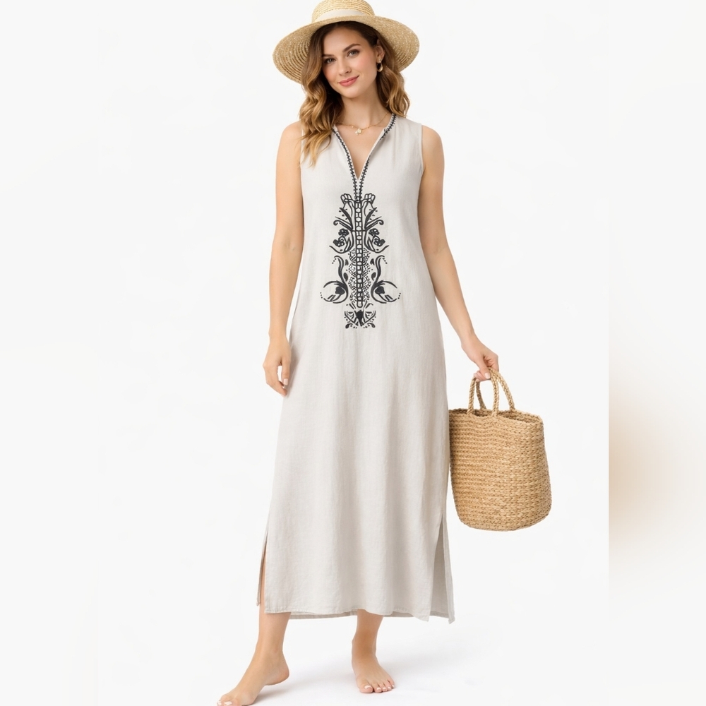 Sigrid Olsen‎ Tan Linen Embroidered Dress Size M Coastal Resortwear